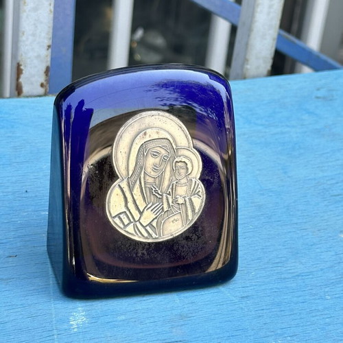 Vintage blue glass paperweight with silver Panagia icon used