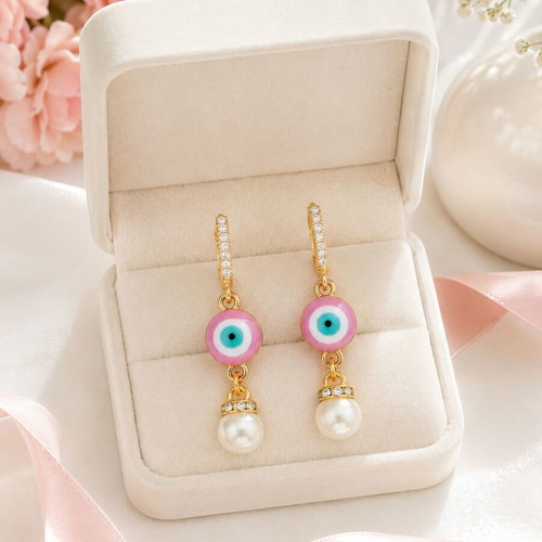 Handmade Evil Eye Earrings with Pink Enamel and Pearls, new