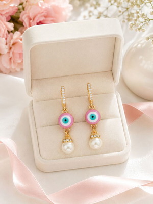 Handmade Evil Eye Earrings with Pink Enamel and Pearls, new