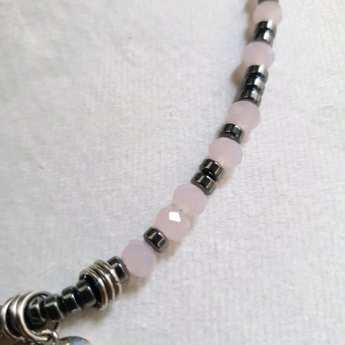 Pink Crystal and Hematite Heart Necklace like new, handmade