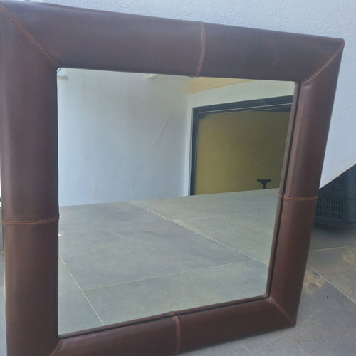 Square mirror with leather frame used, vintage