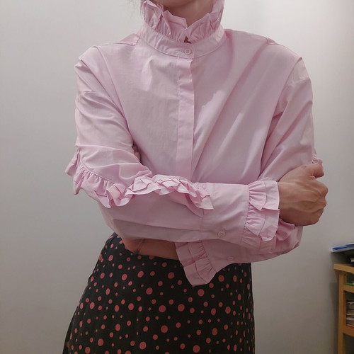 Mochy Pink Shirt with Romantic Ruffled Collar like new
