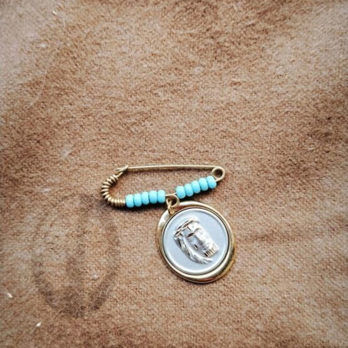 14K Gold Baby Safety Pin Charm with Christ Figure