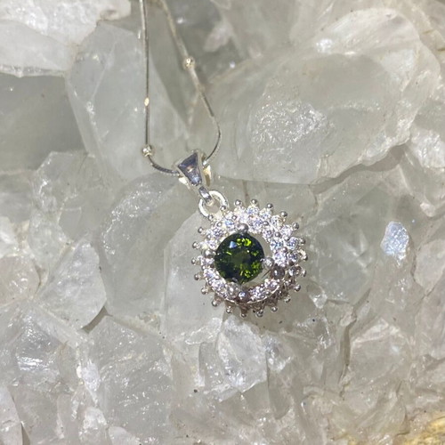 Silver pendant with natural intense green tourmaline and moissanite, new