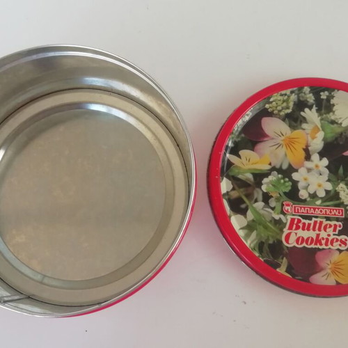 Papadopoulou metal cookie tin used, round red with flowers