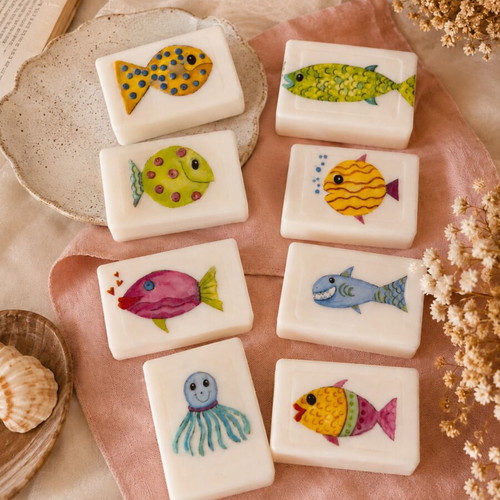 Handmade soap set with colorful fish, pack of 8, new