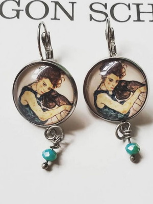 Handmade Egon Schiele Sitting Woman Earrings new, multicolor silver