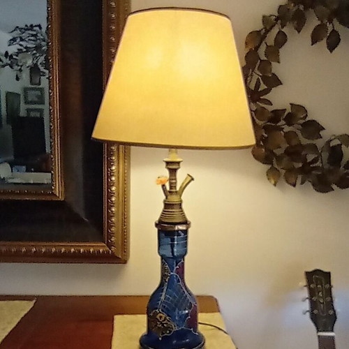 Vintage handmade table lamp with thick blue glass and brass, like new
