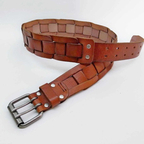 KNUCKLEHEAD Leather Belt, Brown men's leather belt with metal buckle with two prongs