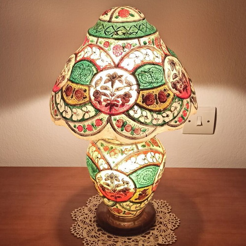 Vintage table lamp handmade from camel leather and wood, used