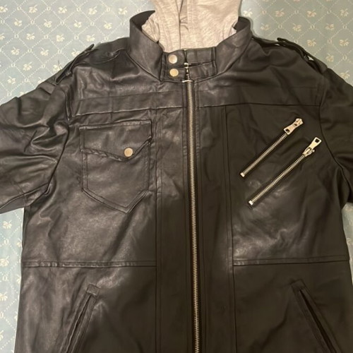 Black leather jacket with gray hood like new