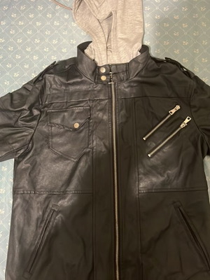 Black leather jacket with gray hood like new