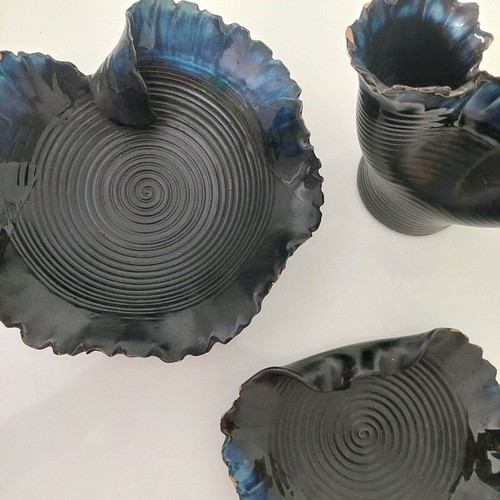 Set of 3 used clay decorative items with porcelain, blue-light blue-black