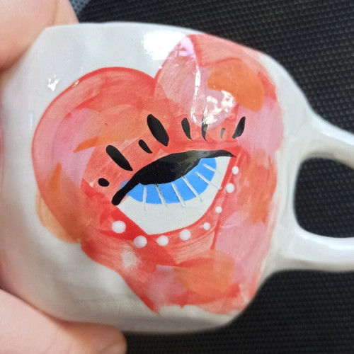 Handmade ceramic mug set Lunatique with hearts and Rice saucer
