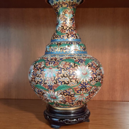 Chinese Cloisonné vase with wooden base