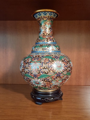 Chinese Cloisonné vase with wooden base