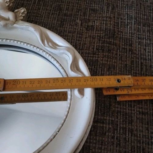 Vintage mirror with angels used, white-beige resin-like material