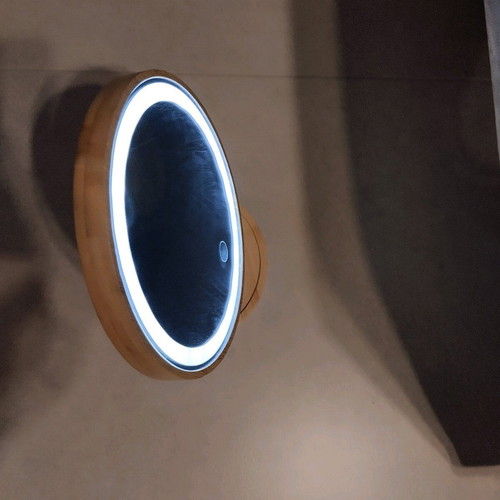 Table mirror with wooden frame and rechargeable lighting
