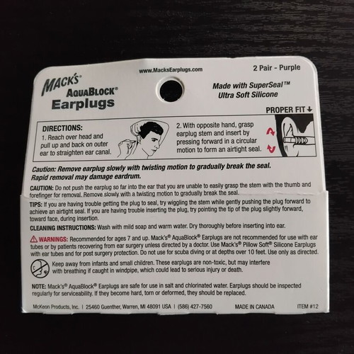 Mack’s AquaBlock Earplugs new, 2 pairs, sealed packaging