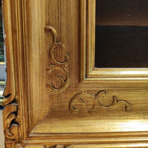 R.Rosini painting artwork used, vintage with golden carved frame