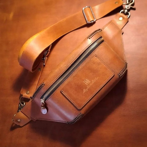 Handmade leather banana bag new, brown and green