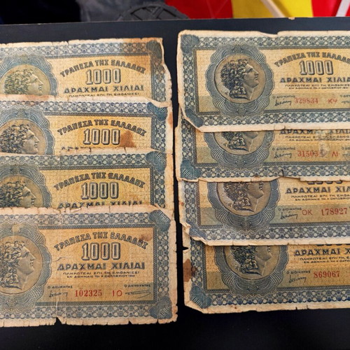 Banknotes of 1000 Drachmas used, pack of 8 from Bank of Greece 1941