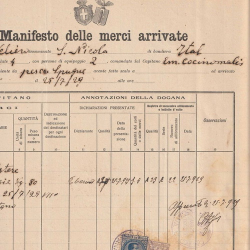 Declaration document of arrived goods 1929 with 2 Italian stamps used