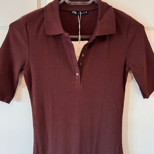 ZARA Long Short-Sleeve Dress Brown Ribbed New Small S 8
