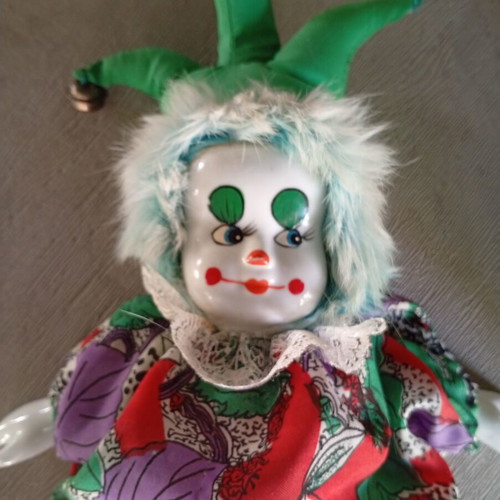 Clown doll with porcelain head used, 40 cm