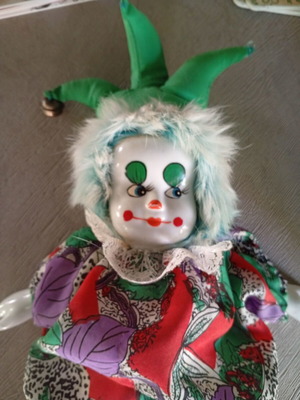 Clown doll with porcelain head used, 40 cm