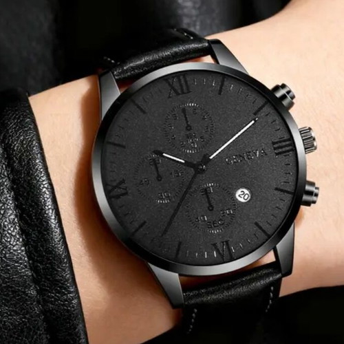 Geneva wristwatch with date, quartz mechanism, black