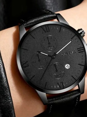 Geneva wristwatch with date, quartz mechanism, black