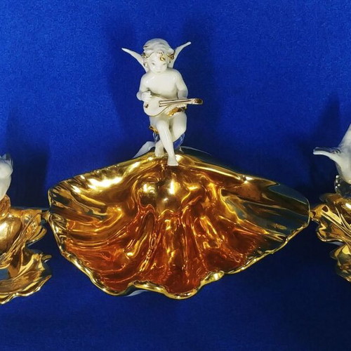 Decorative bowl fontaniera Angel on Pearl used, porcelain with Swarovski