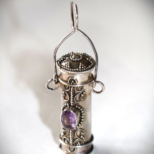 925 Silver Pendant Hidden Box with Amethyst New