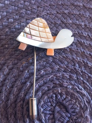 Turtle enamel and coral stick pin brooch