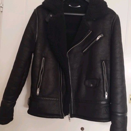 Zara Shearling Aviator Biker Jacket, black, size L