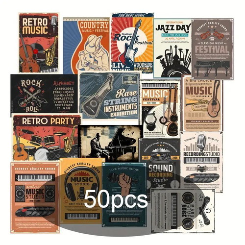 Vintage music poster stickers set of 50 pieces new