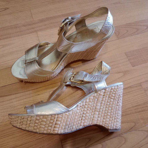 Franco Sarto straw platform sandals used, beige and gold, size 39.5
