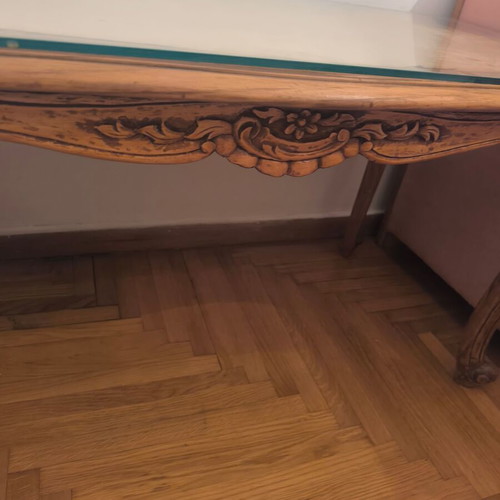 Carved Wooden Rectangular Coffee Table like new with glass top