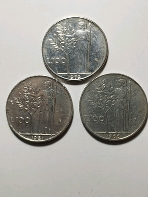Νομίσματα 100 Lire Ιταλίας σαν καινούργια, σετ 3 τεμαχίων 1961, 1966, 1979