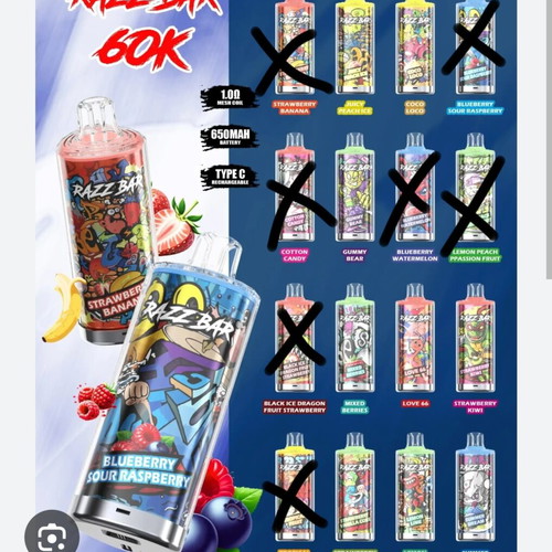 Razz Bar 60K disposable vape with long battery life and multiple flavors