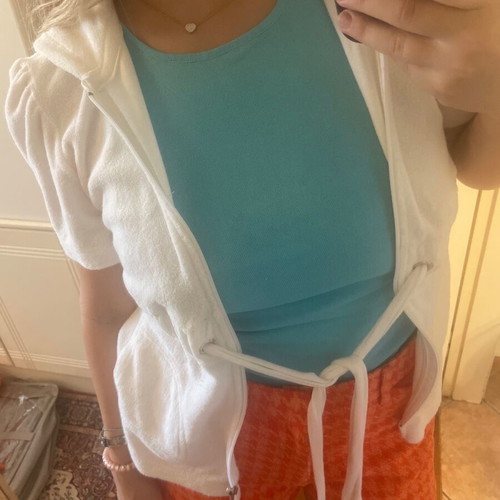Zic Zac white terry cardigan like new, short-sleeve with zipper and belt