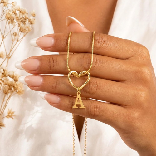 Gold Heart Necklace with Letter A Pendant New