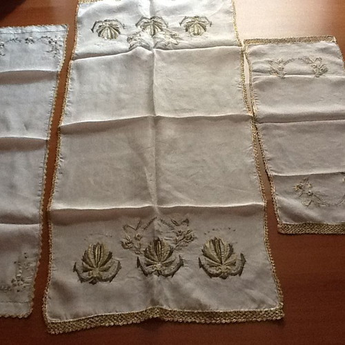 Set of 3 handmade silk table runners with gold thread embroidery and lace trim