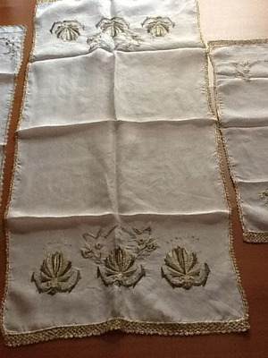 Set of 3 handmade silk table runners with gold thread embroidery and lace trim
