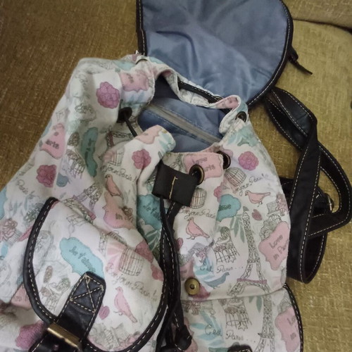 Back bag used with Paris theme, colorful fabric