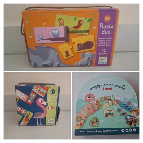 Djeco Puzzle Duo, Domino Puzzle and Wiggly Domino Puzzle Farm set like new