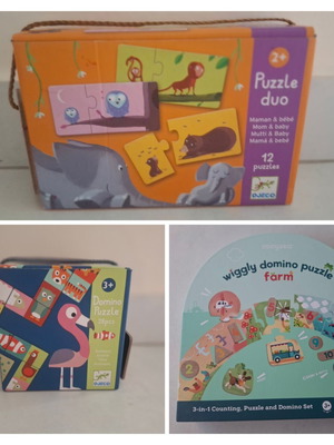 Djeco Puzzle Duo, Domino Puzzle and Wiggly Domino Puzzle Farm set like new
