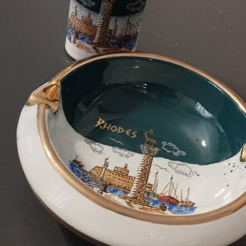 Vintage ashtray and lighter case set Rhodes handmade with 24K gold