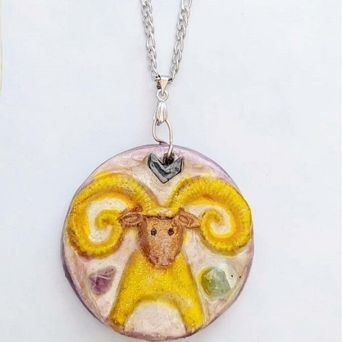 Handmade Aries necklace polymer clay with semi-precious stones and silver chain new
